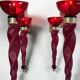 Pair of 62 cm murano torchere wall lights in red tinted glass and brass