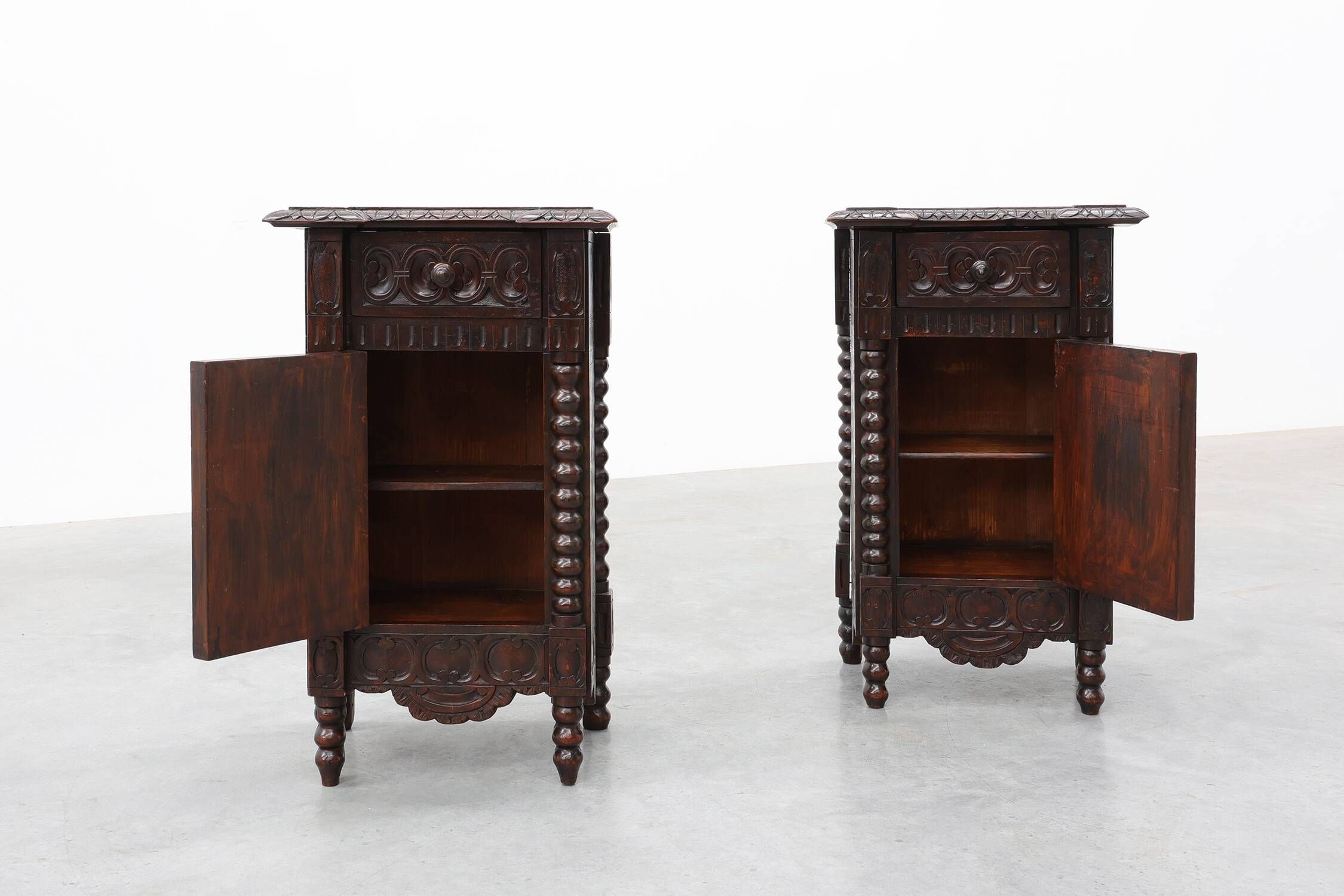 Pair of Breton Carved Oak Bedside Cabinets, France, circa 1900