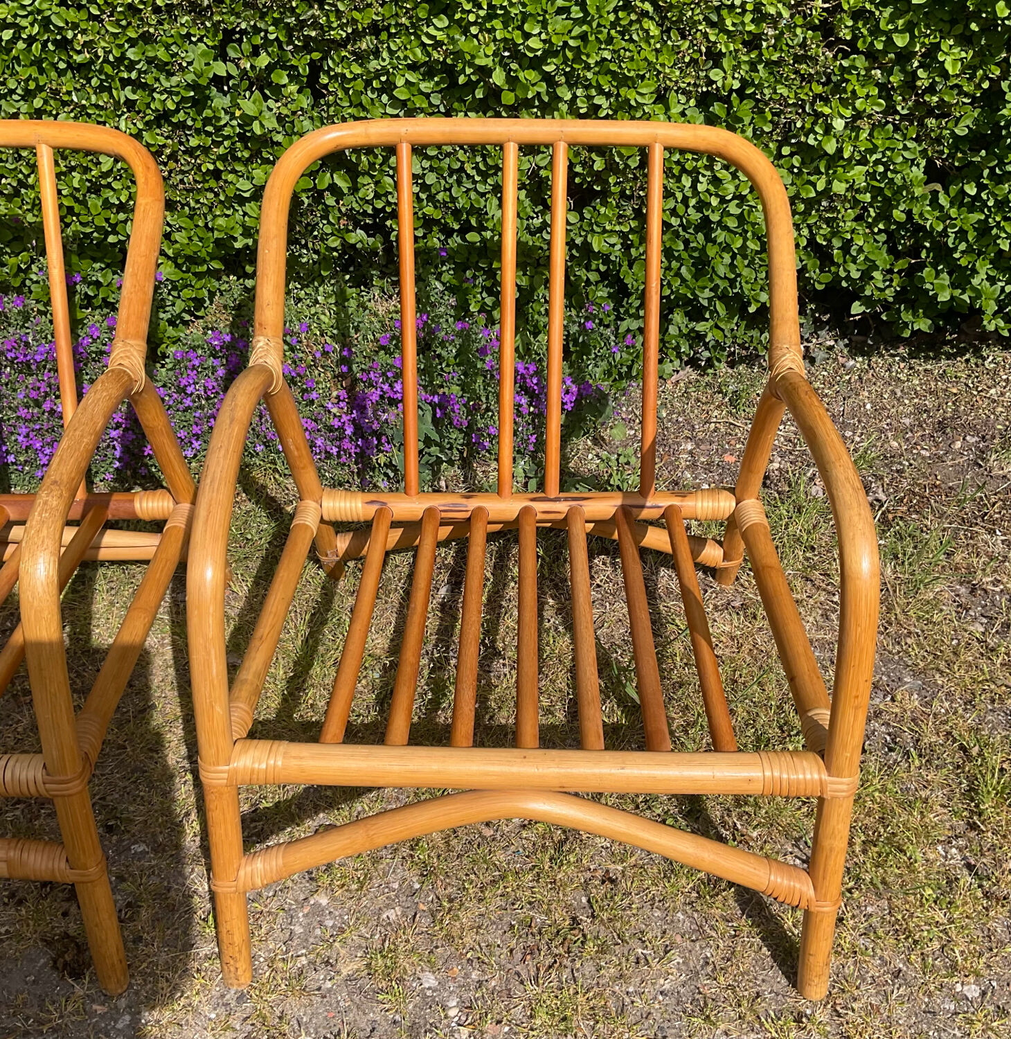 Vintage living room sofa and 2 rattan armchairs.
