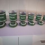 Set of 6 old enamelled jars with 6 trundle lids