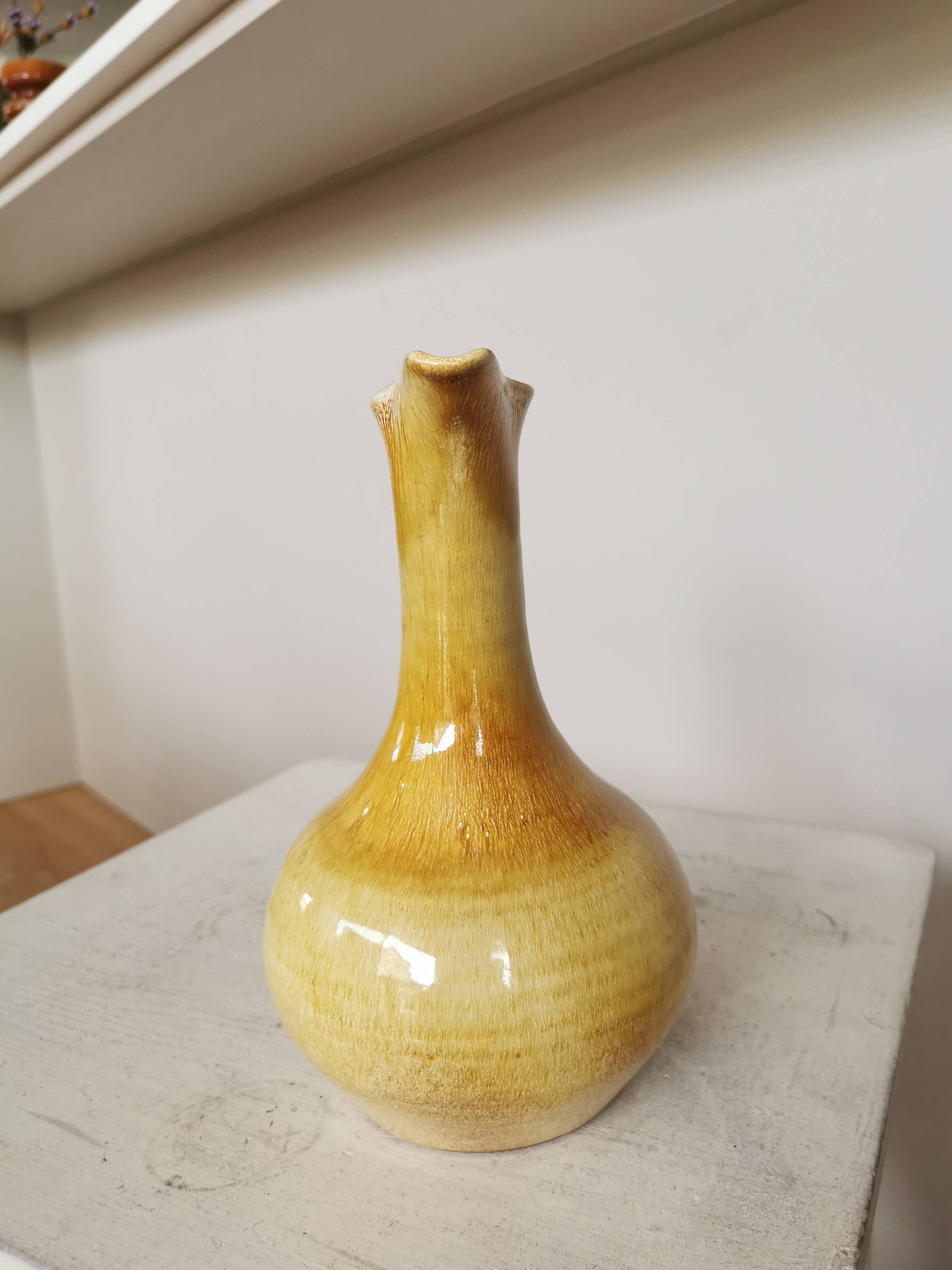 Handmade Ceramic Pitcher: 1970s LKC Pottery, Yellow Brown Glaze