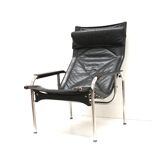 2x Vintage black leather armchair by Strässle HE1106 designed by Hans Eichenberger