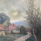 Old oil painting on canvas attributed to R. SCHWAB. Village vintage gilded wood frame 65 x 80 cm