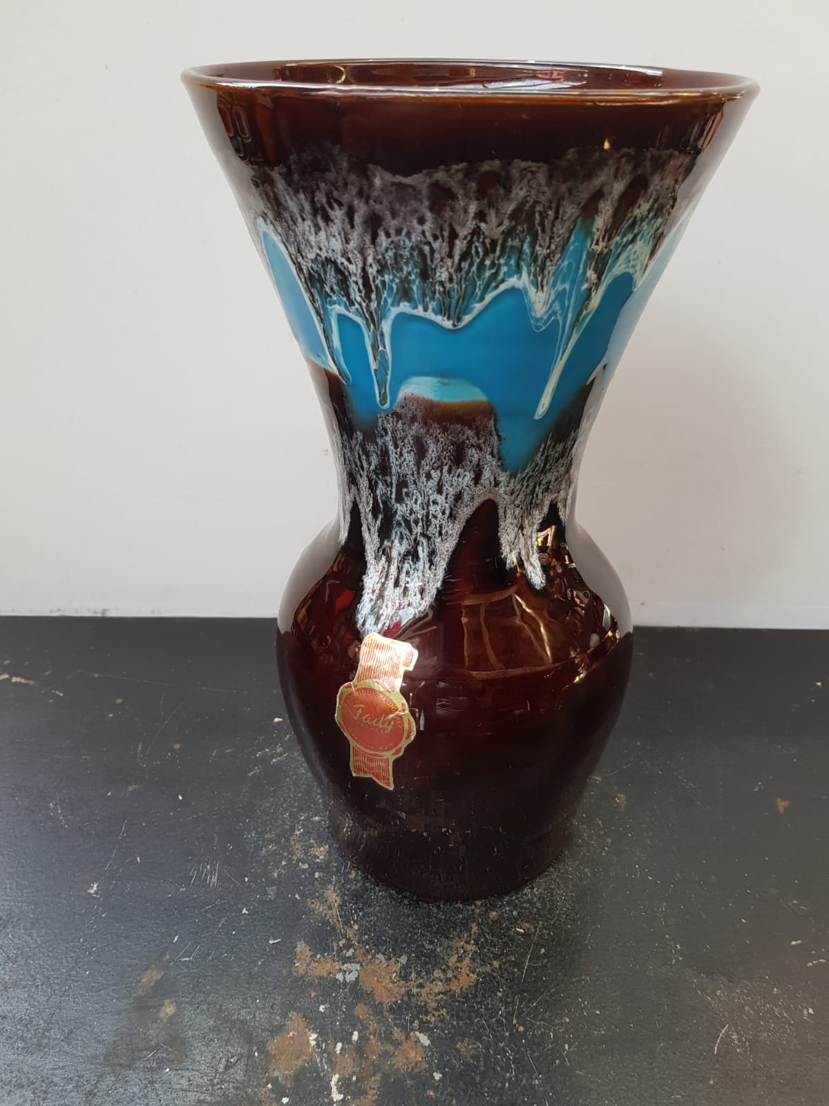 Old vase vallauris fady large model ceramic brown blue drips vintage