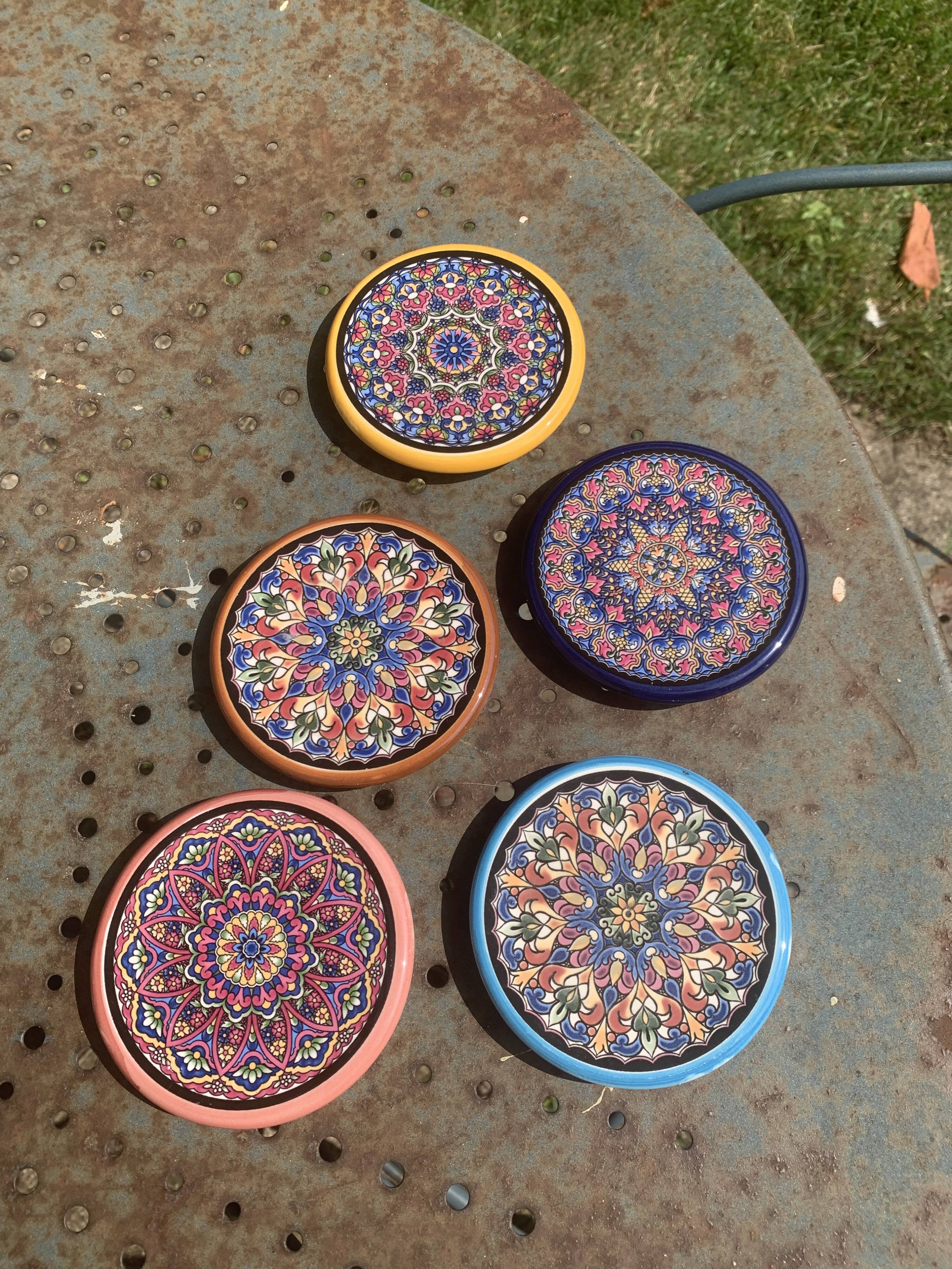 5 vintage handcrafted enameled ceramic coasters