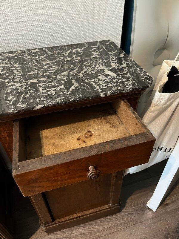 Set of 2 vintage wooden bedside tables with marble.