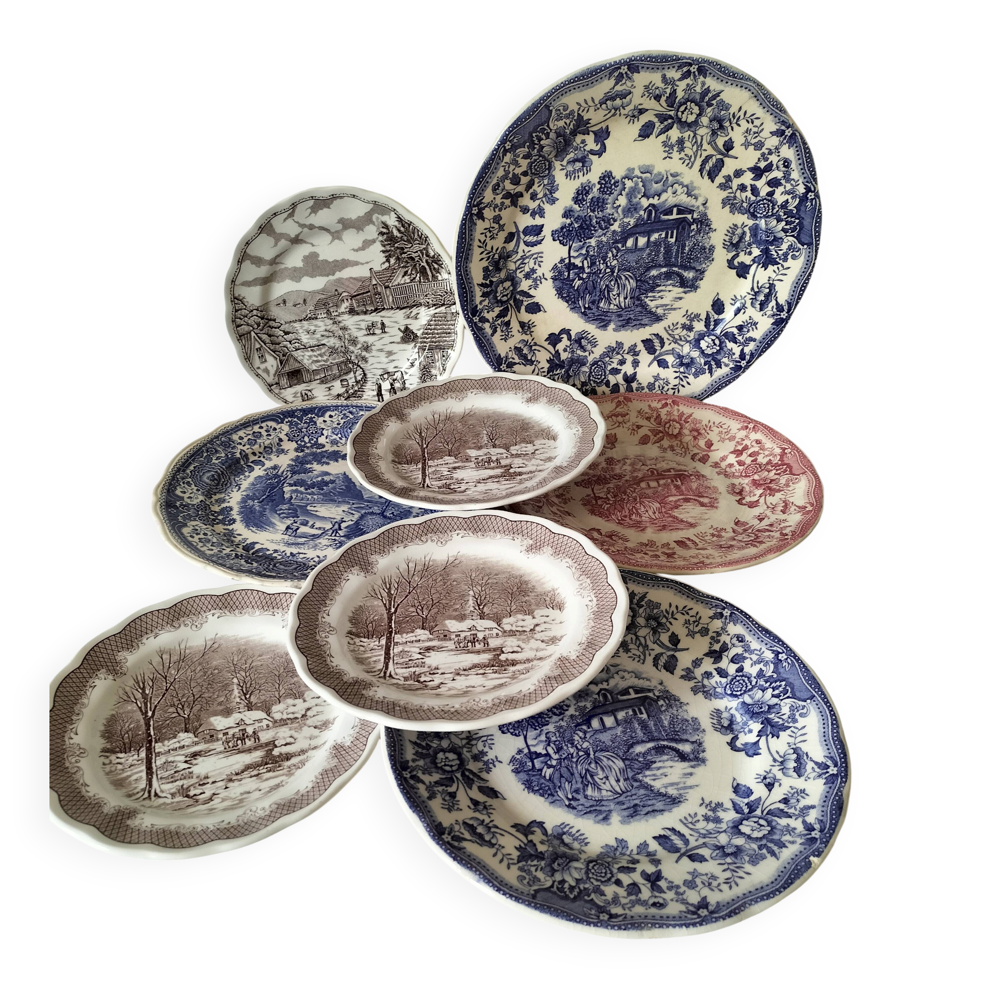 8 old pieces with English decoration – Mismatched collection