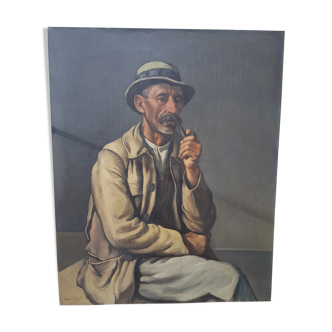 Oil on canvas by Louis Charlot (1878-1951) Man with a pipe