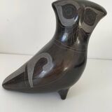 Engraved black ceramic owl signed Mexico