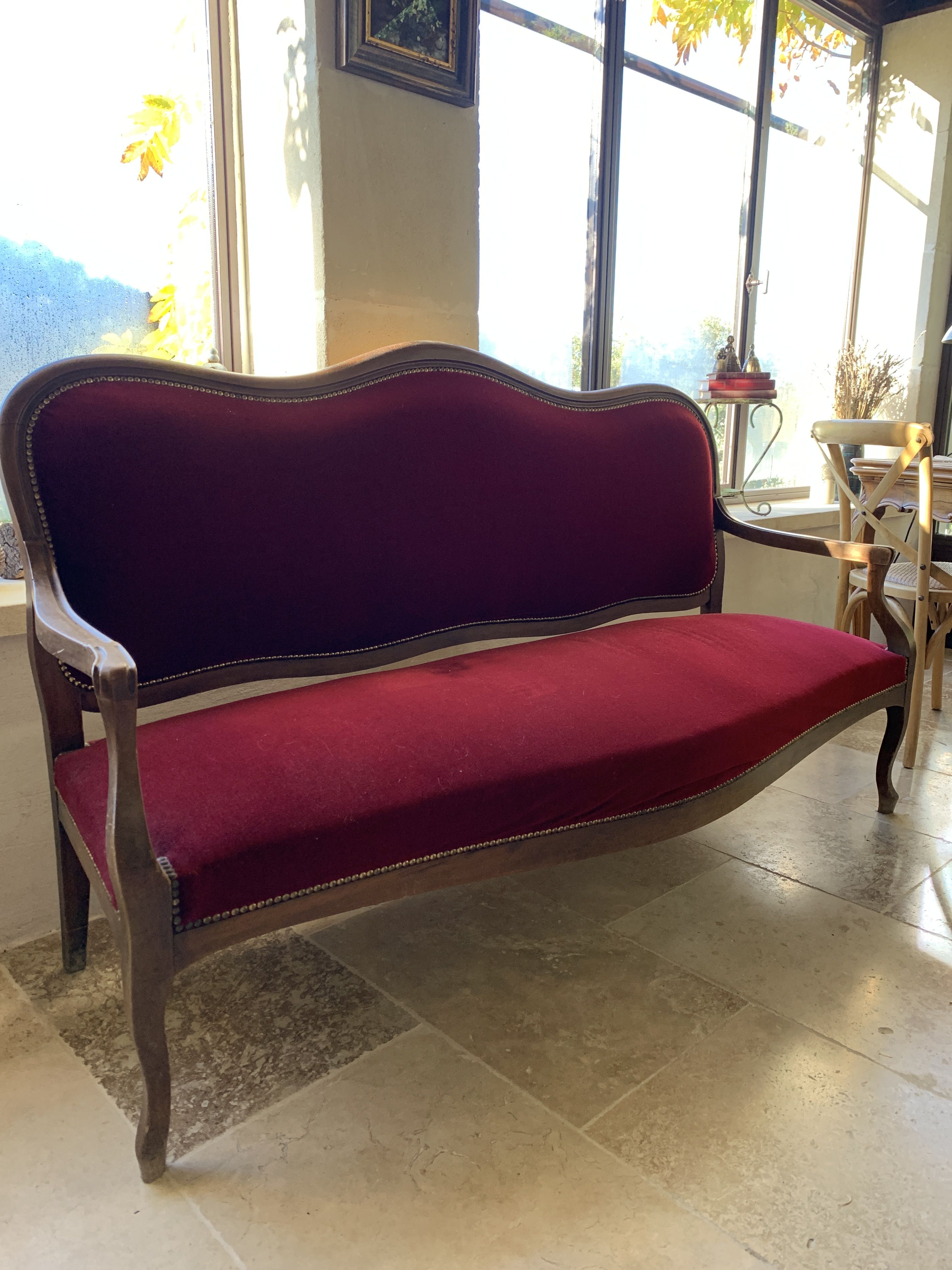 Red sofa bordeaux upholstered velvet