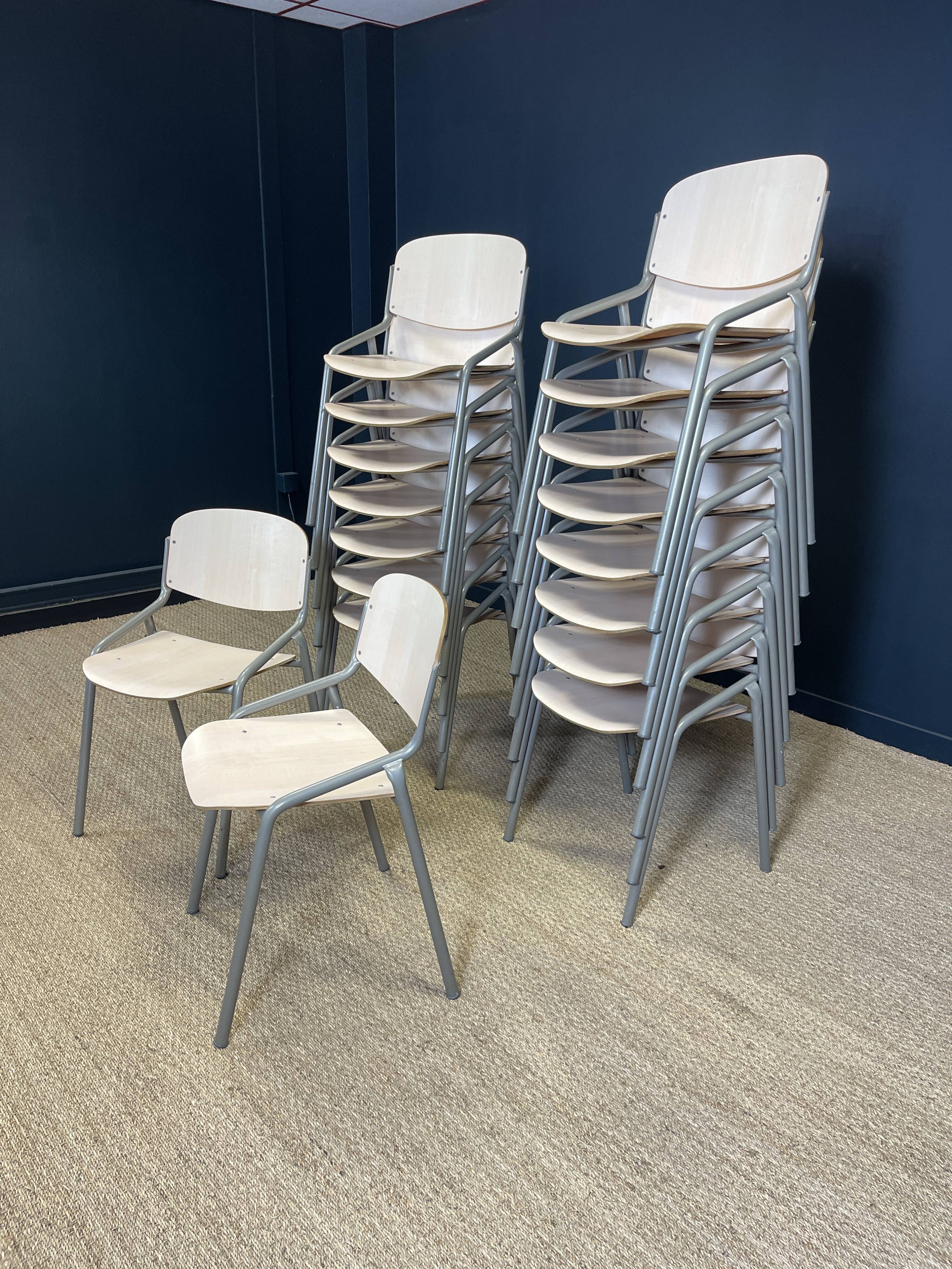 Set of 17 Eromes school chairs light wood gray steel Netherlands 80s