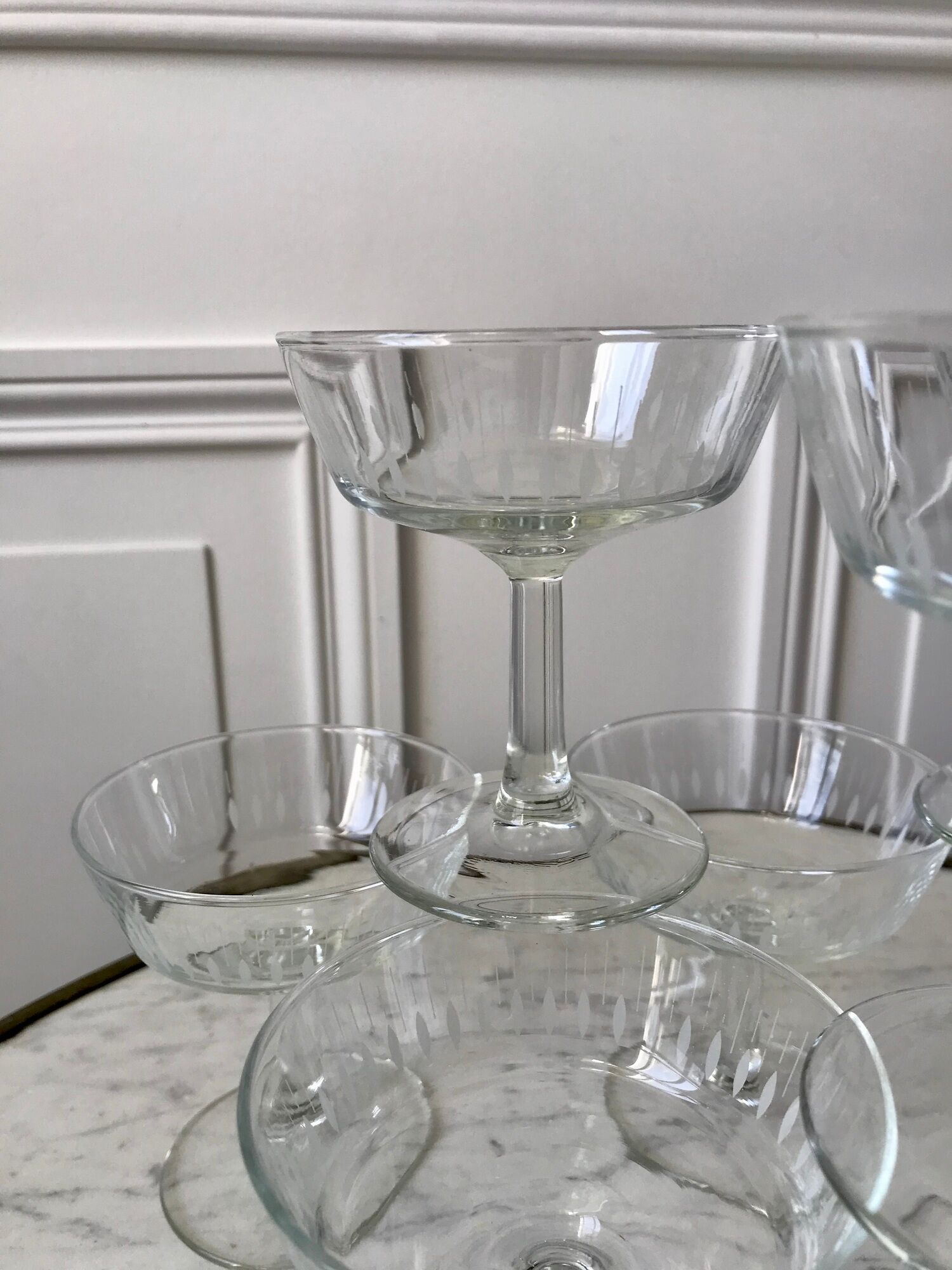 Lot de 10 coupes à champagne en verre cristallin années 50-60