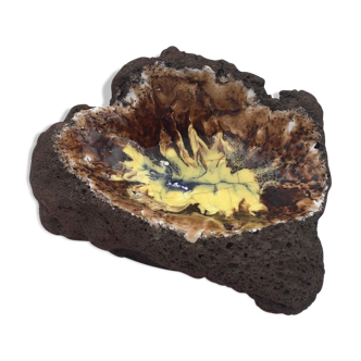 Cup enamelled lava stone, brown and yellow, vintage - 1970s