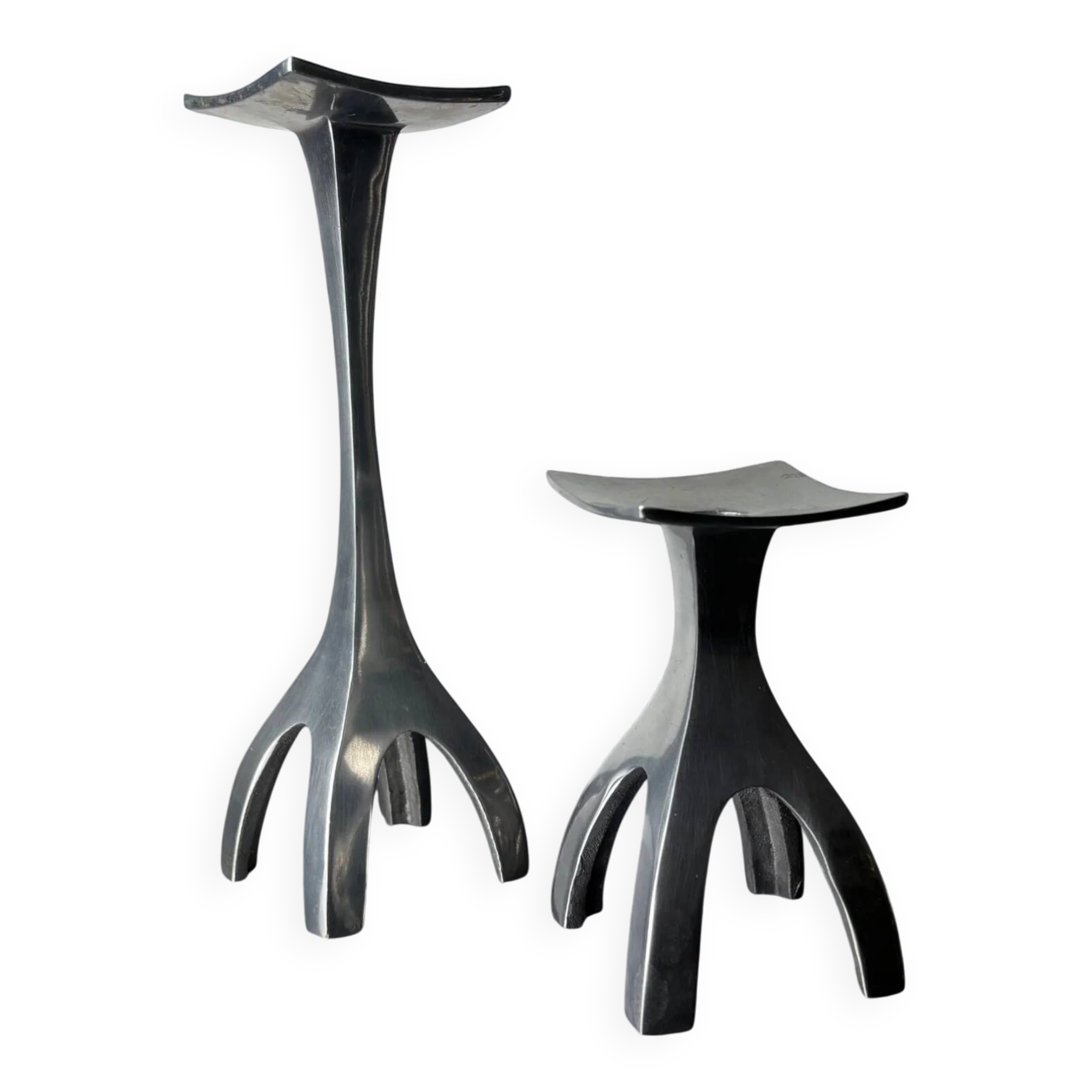 Pair of biomorphic candleholders, solid aluminium, Spain, 1970s