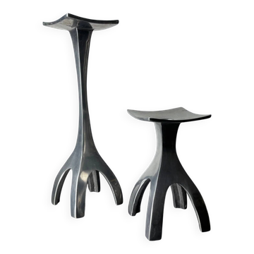 Pair of biomorphic candleholders, solid aluminium, Spain, 1970s