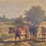 Oil on the tabla “Paisaje con ganado”, Firmado “Ruytter”, Escuela Barbizon, s. XIX – France