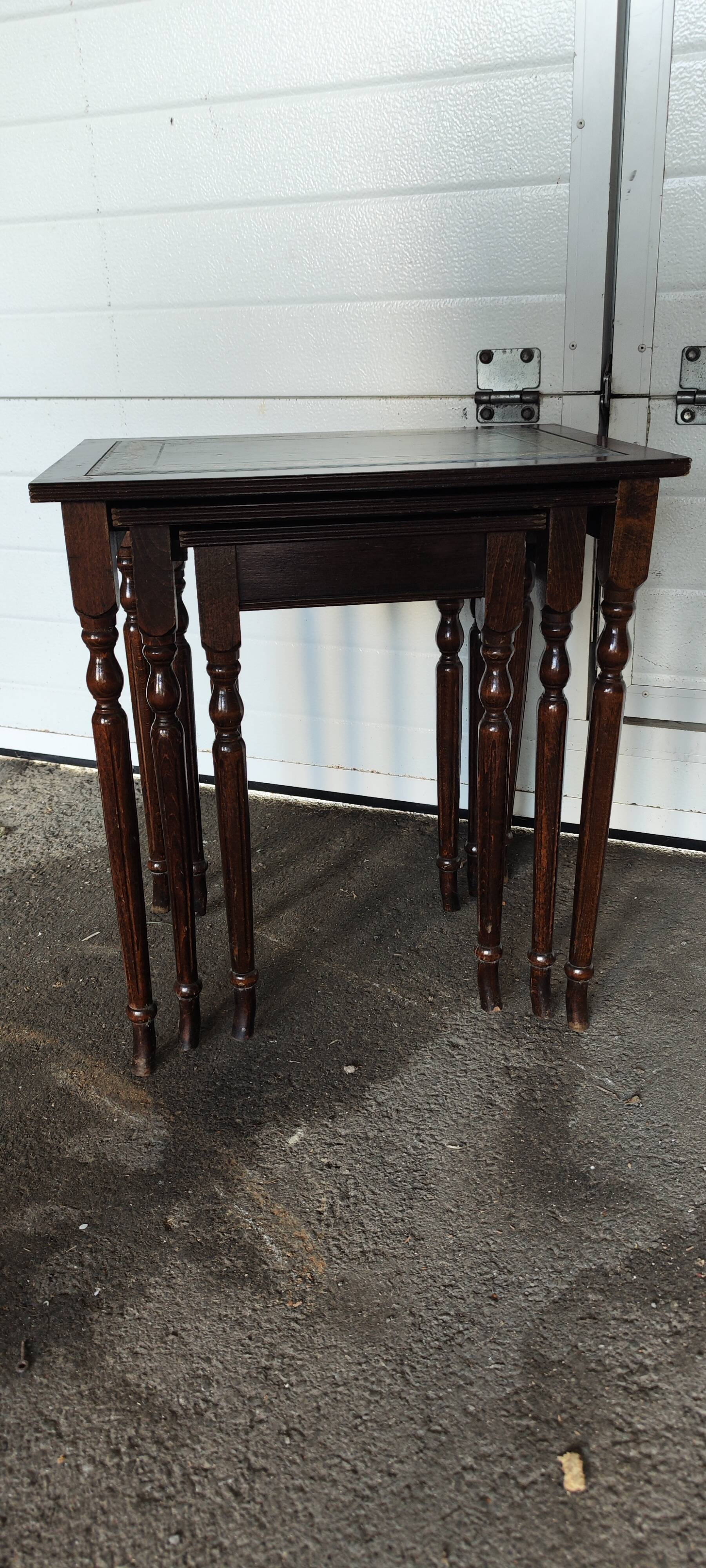 Set of three nesting tables with leather top