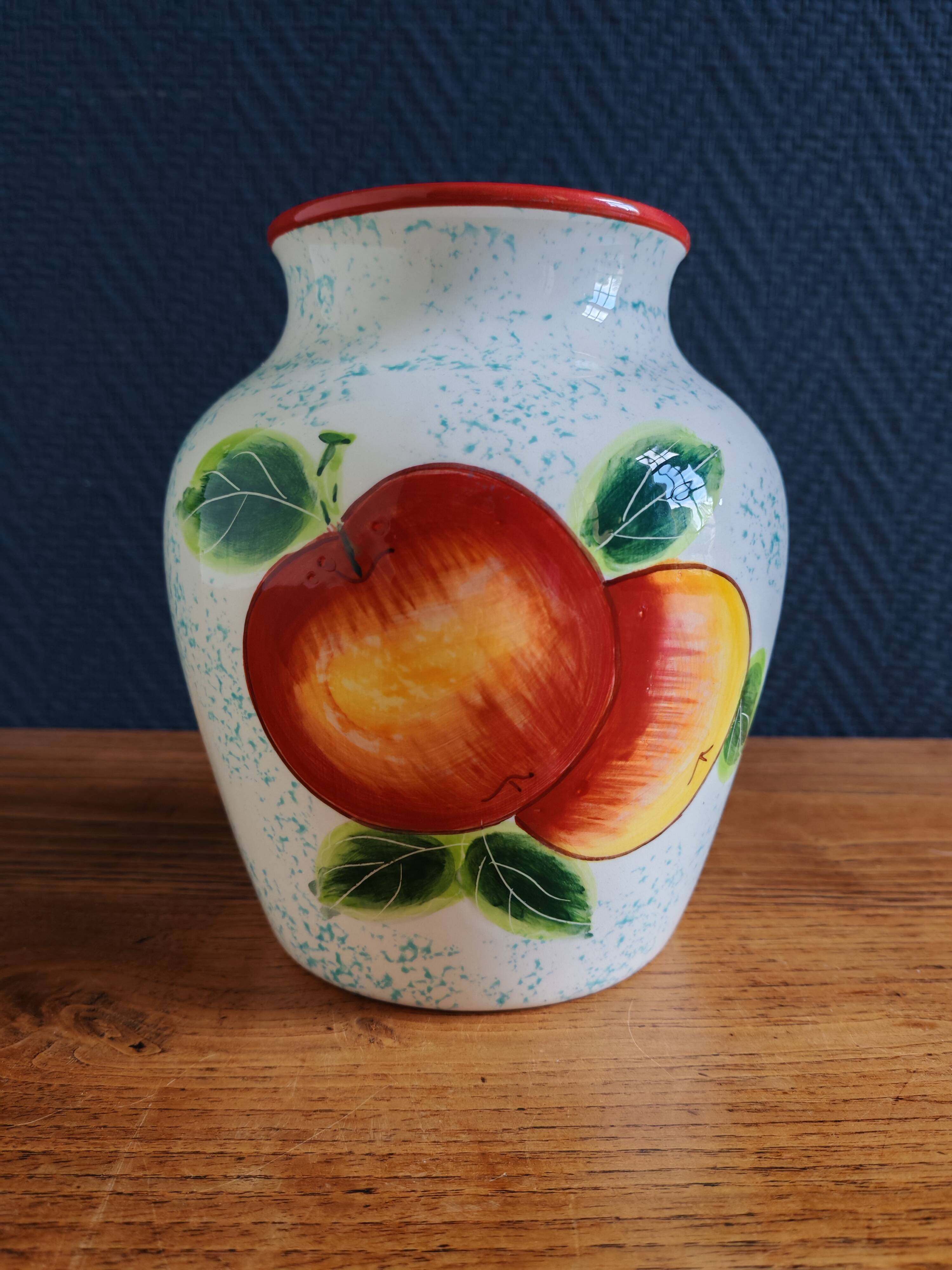White Ceramic Vase with Peach and Leaf Motifs