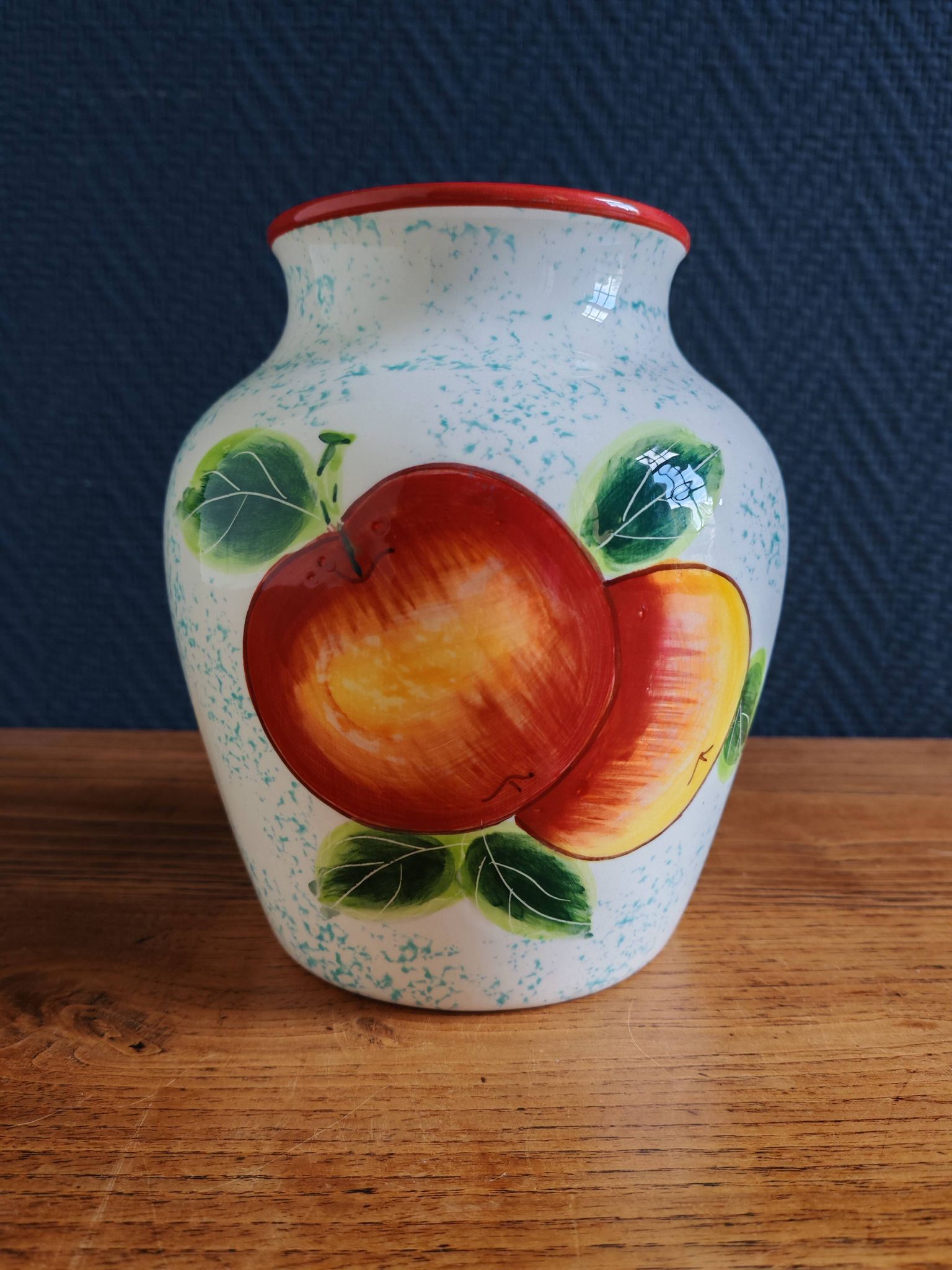 White Ceramic Vase with Peach and Leaf Motifs
