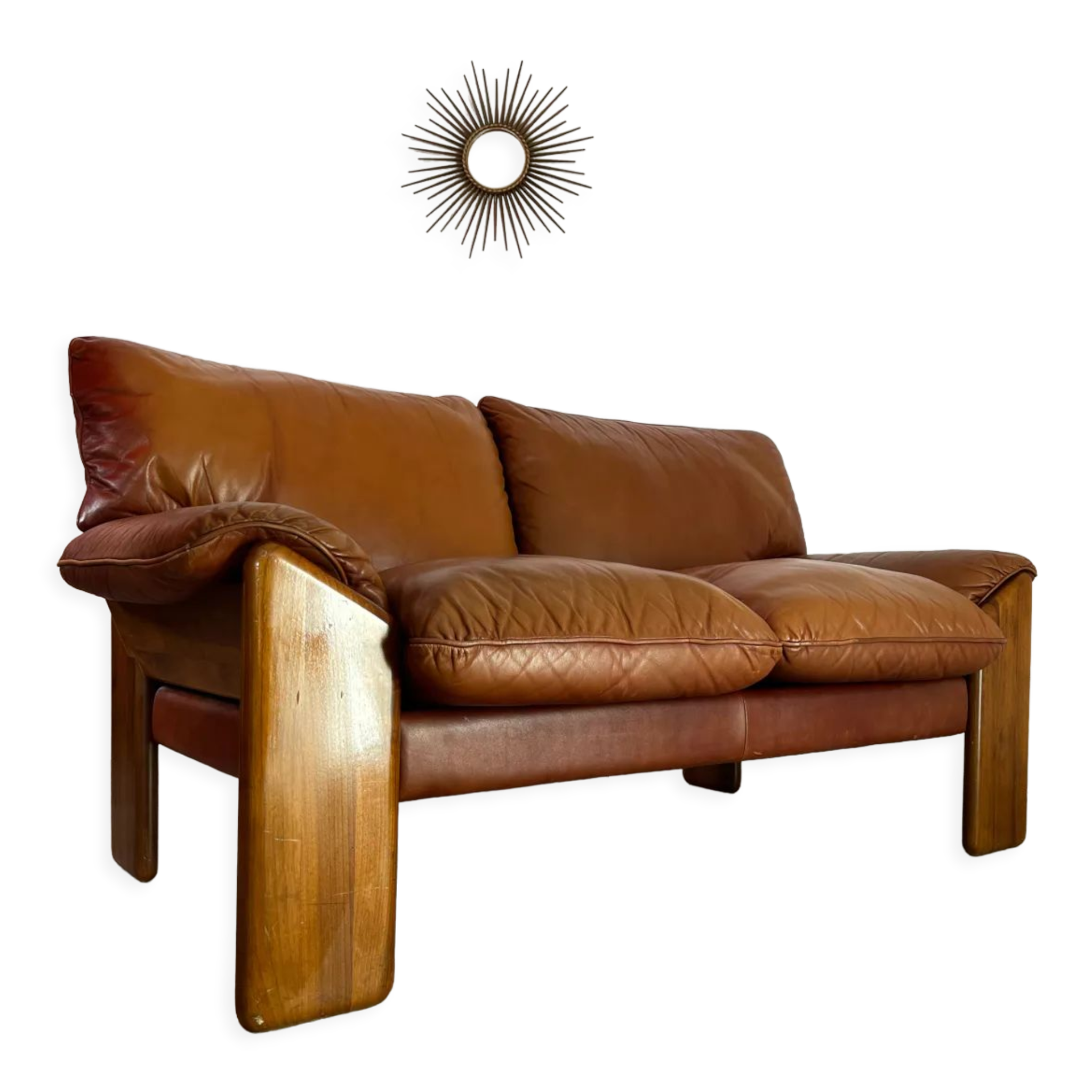 Old 2-seater leather and walnut sofa design 70s Mobil Girgi Mario Marenco vintage Italy
