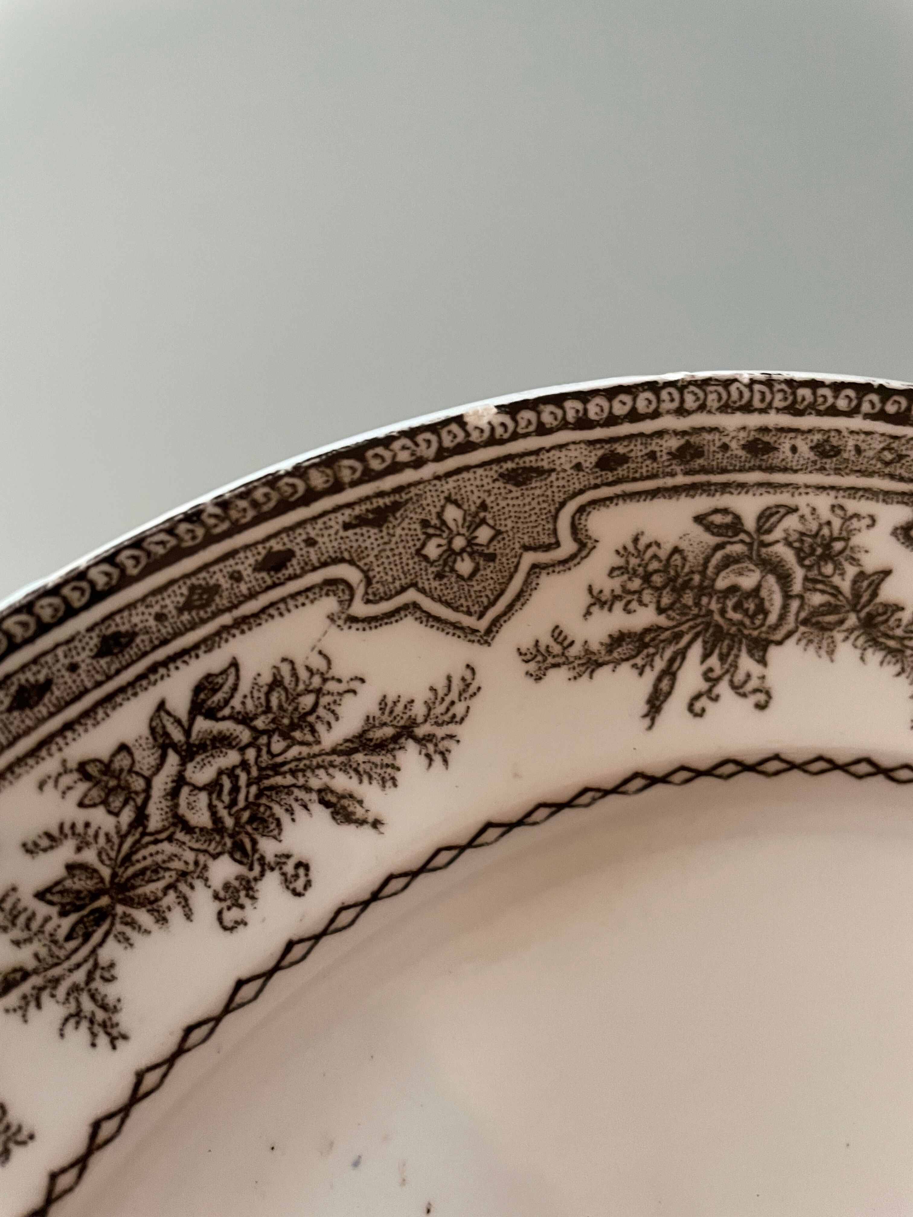 Set of 10 flat plates Terre de Fer Faïence d'Onnaing, model Roses-Mousses