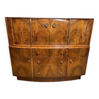 Bar à cocktails Art déco vintage en noyer Beautility 1930-1940, plateau rabattable