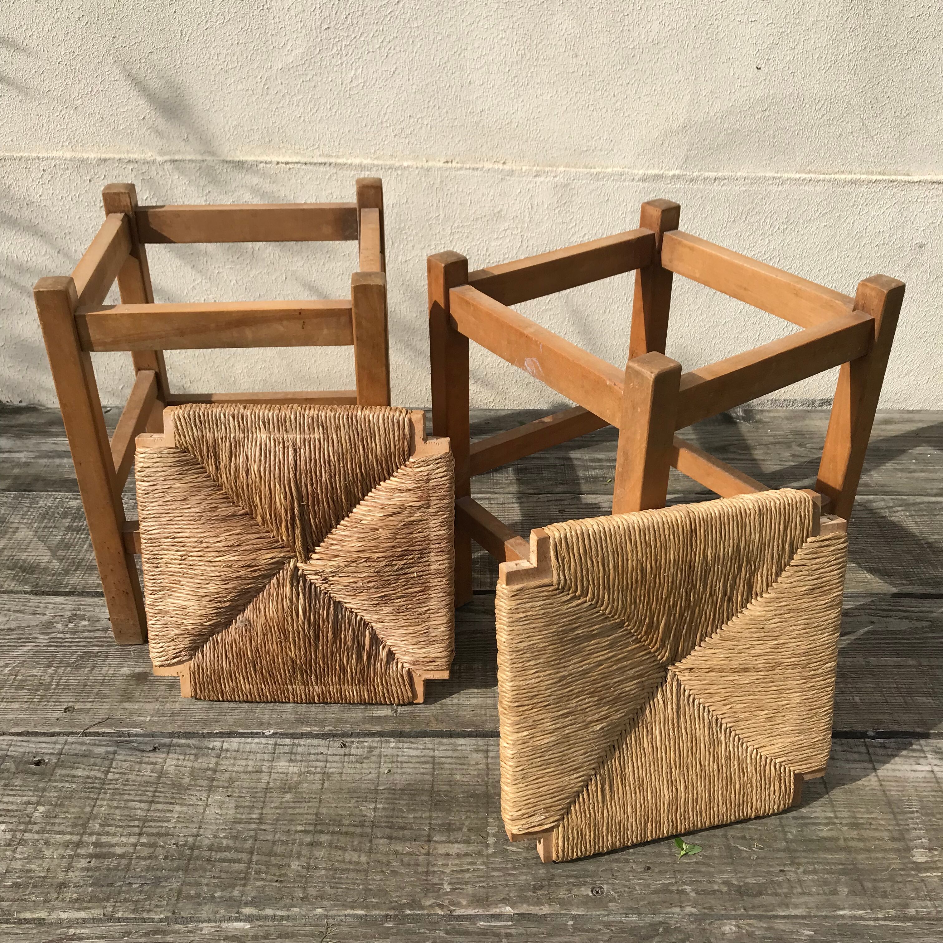 Pair of vintage beech stools seated mulched
