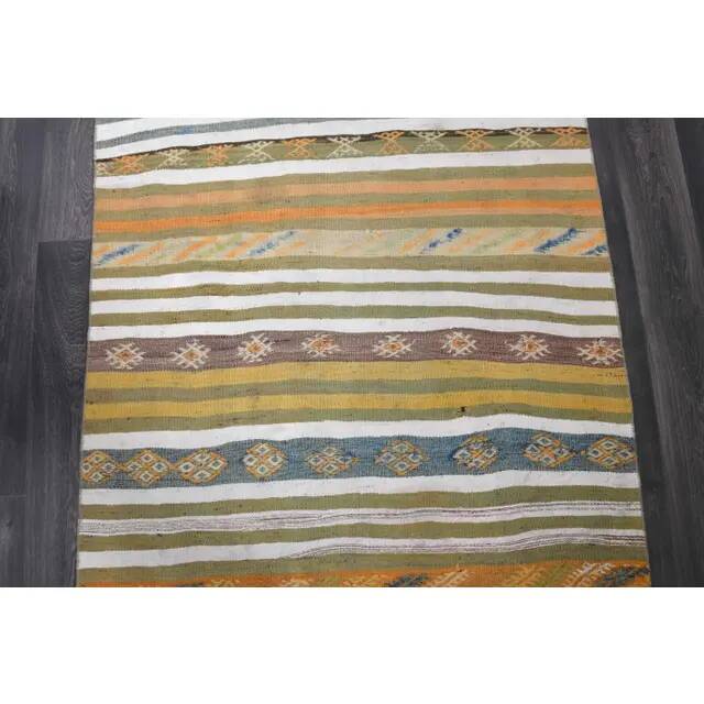 1970s Vintage Turkish Hand-Knotted Wool Cotton Green Runner Rug 139x323