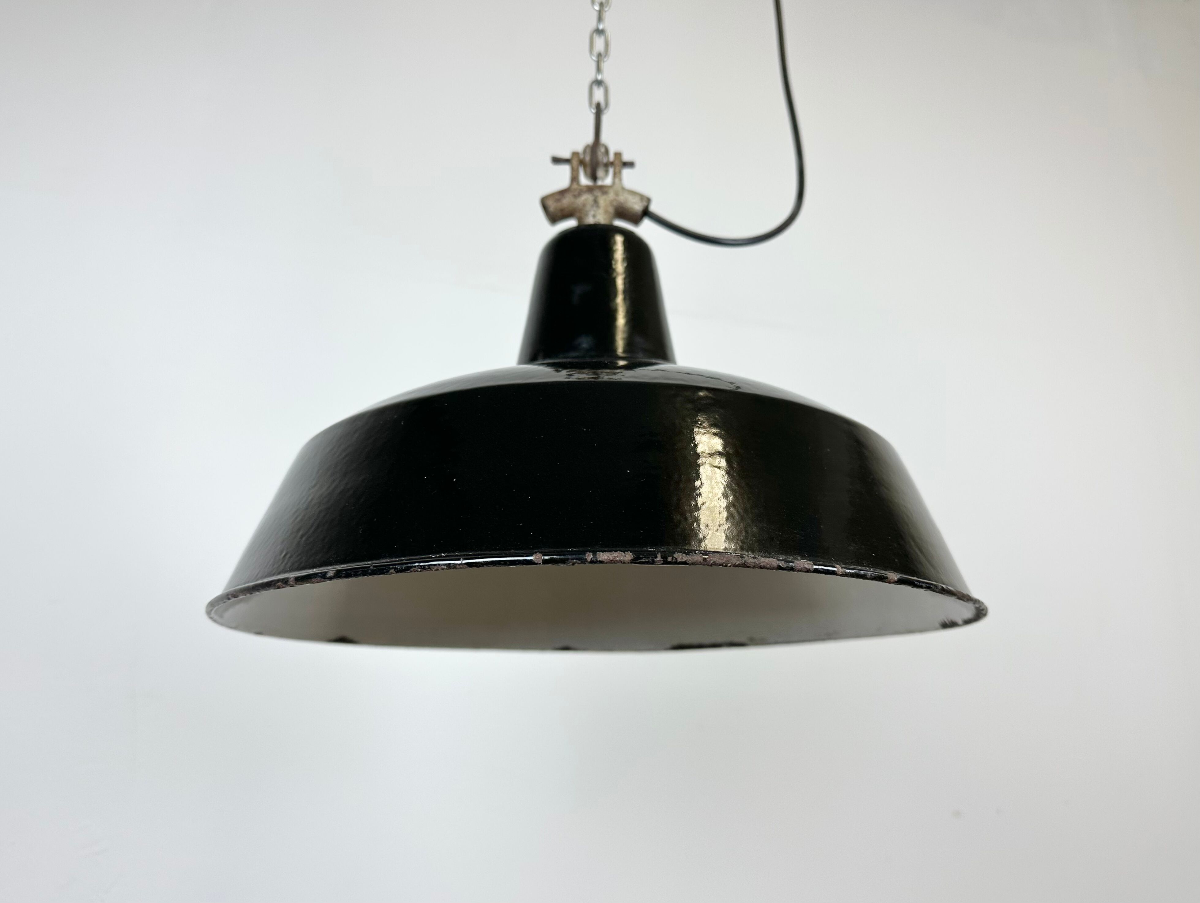 Industrial Black Enamel Factory Lamp with Cast Iron Top, 1950s