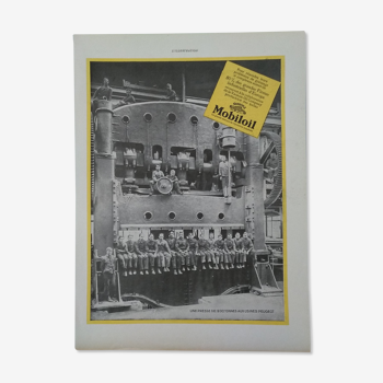 Publicité  graisse Mobiloil  presse de 1200 tonnes usine Peugeot  issue revue des années 30