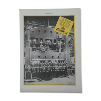 Publicité  graisse Mobiloil  presse de 1200 tonnes usine Peugeot  issue revue des années 30