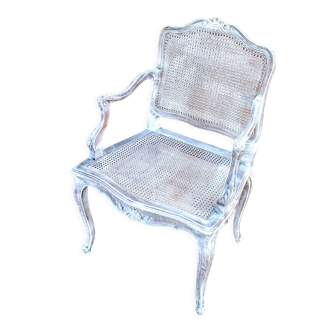 Louis XV canned vintage armchair in white ceruse oak - canning and carved shell
