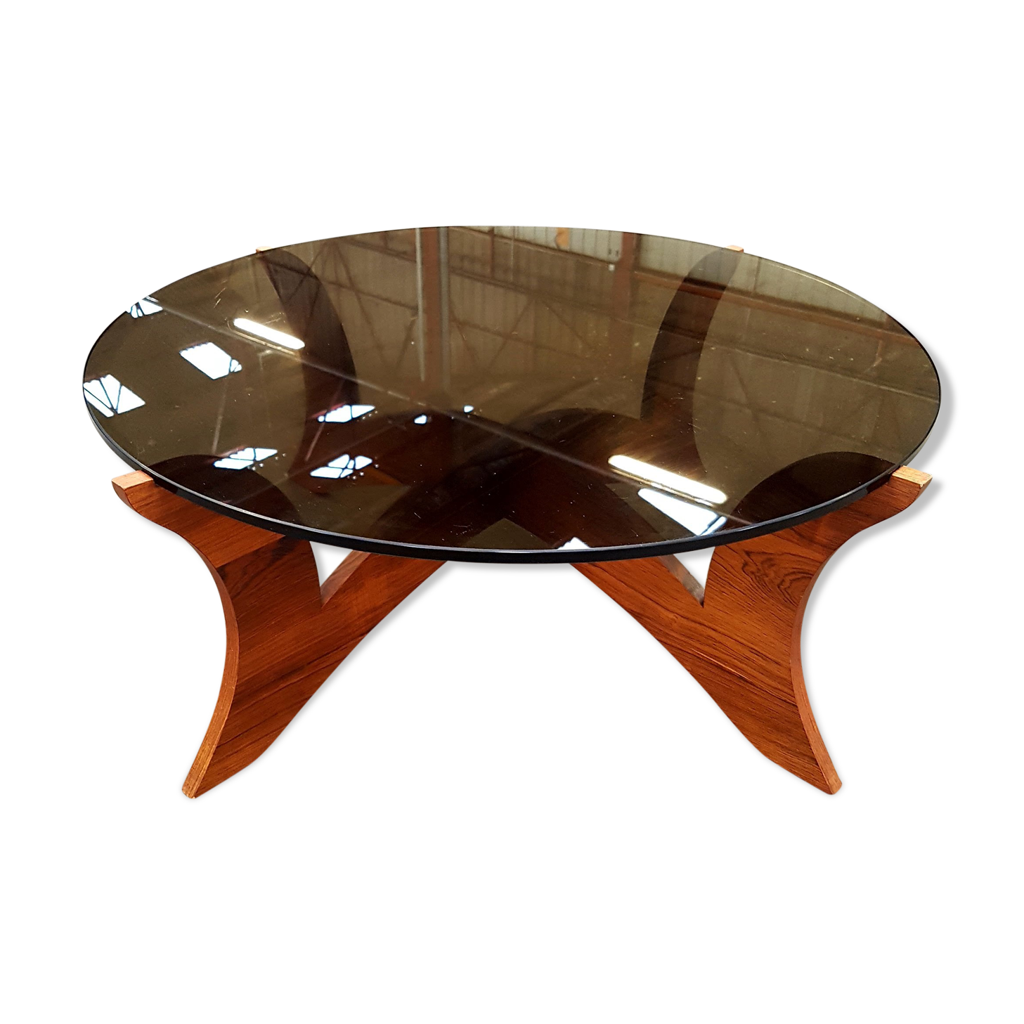 Table low Hugues Poignant base plating wood and smoked glass top