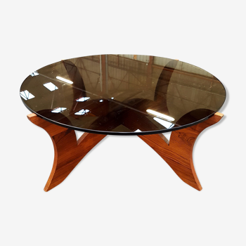 Table low Hugues Poignant base plating wood and smoked glass top