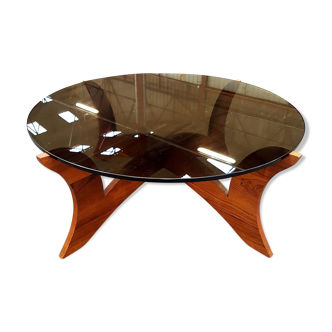 Table low Hugues Poignant base plating wood and smoked glass top