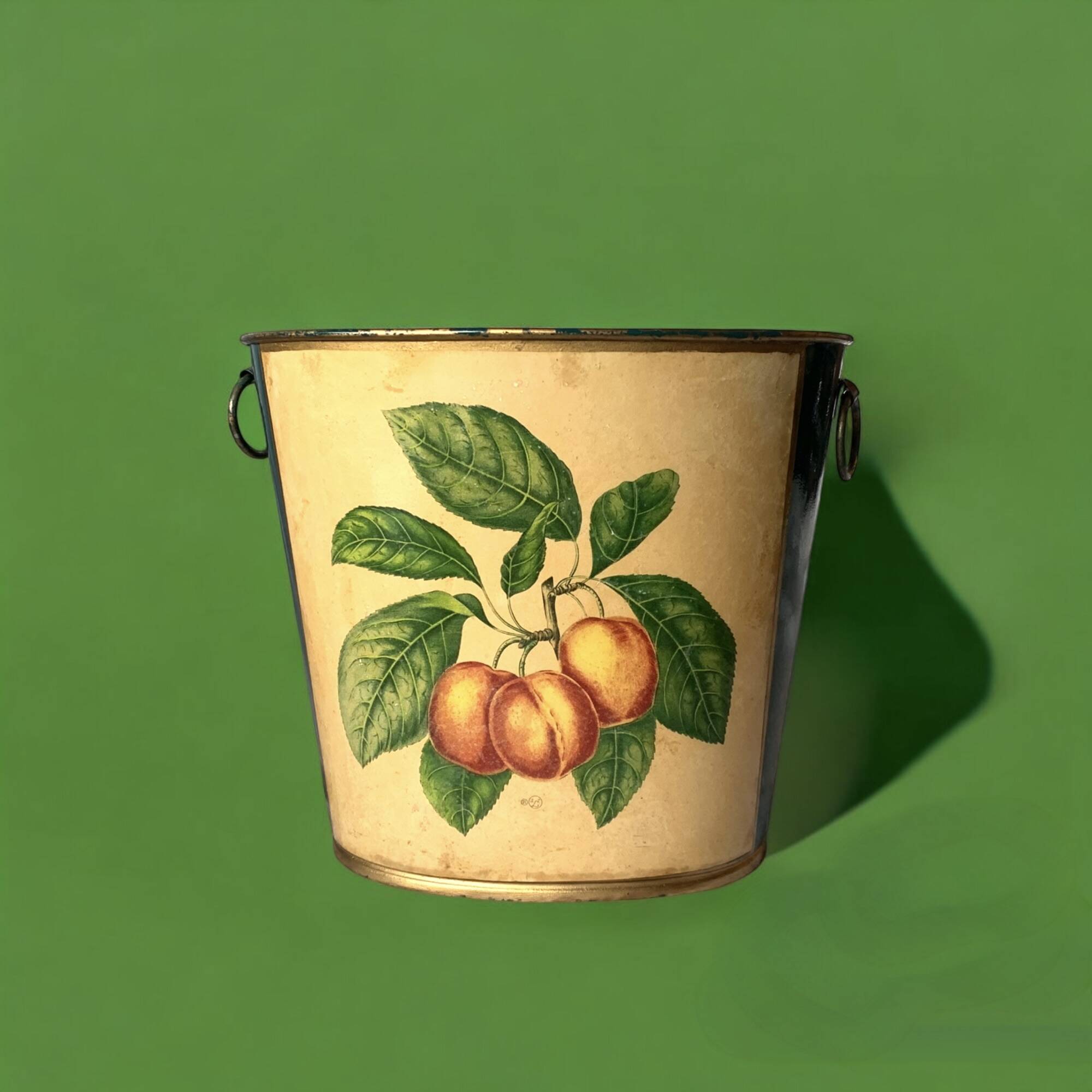 Vintage enamelled sheet metal waste paper basket - peach decor