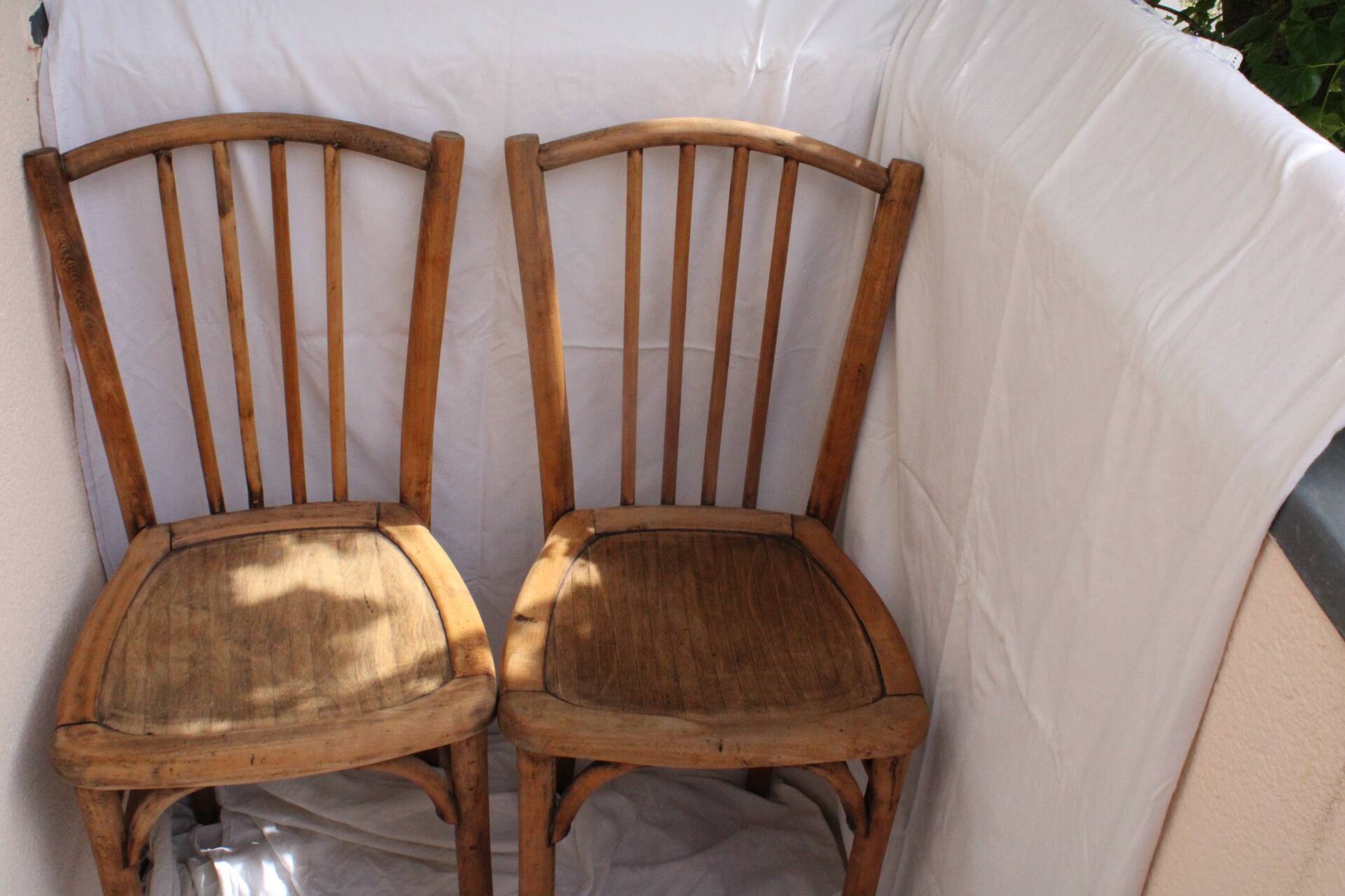 Duo of bistro chairs in bare wood, fully sanded and curved wooden backrest