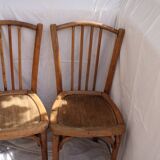 Duo of bistro chairs in bare wood, fully sanded and curved wooden backrest