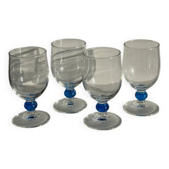 Set of 4 blue ball stemmed water glasses