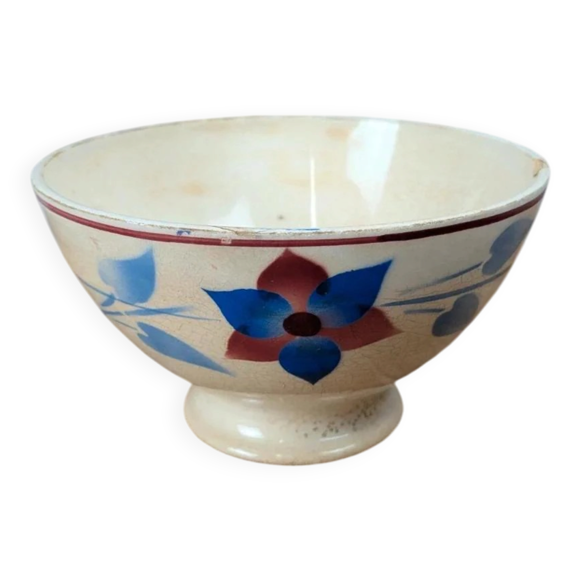 Old ceramic bowl – blue and burgundy floral decoration