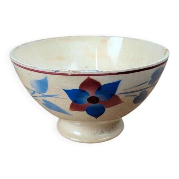 Bol ancien en céramique – décor floral bleu & bordeaux
