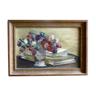 Old painting, oil on panel, bunch of flowers