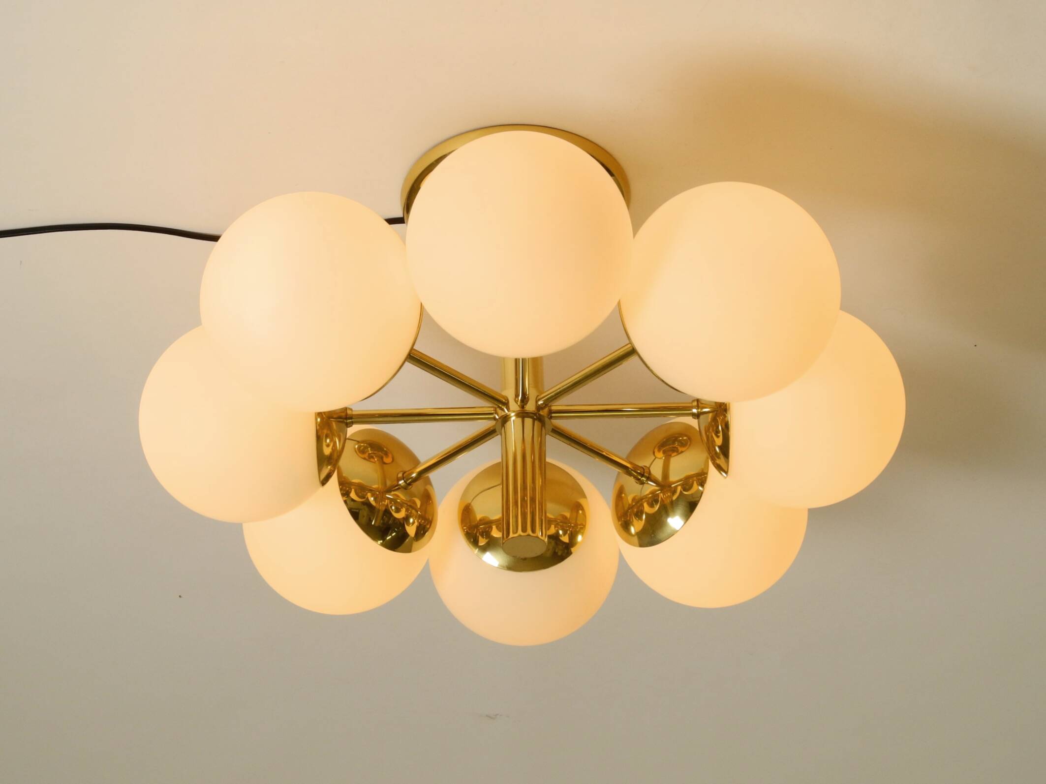 1960s Space Age brass ceiling lamp with 8 glass balls by Kaiser Leuchten