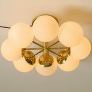 1960s Space Age brass ceiling lamp with 8 glass balls by Kaiser Leuchten