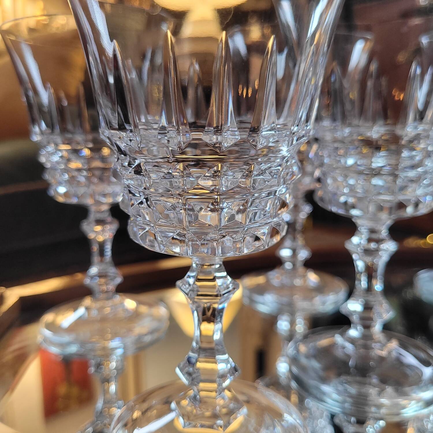 Set of 9 fine cut crystal stemmed glasses - France, circa 1950