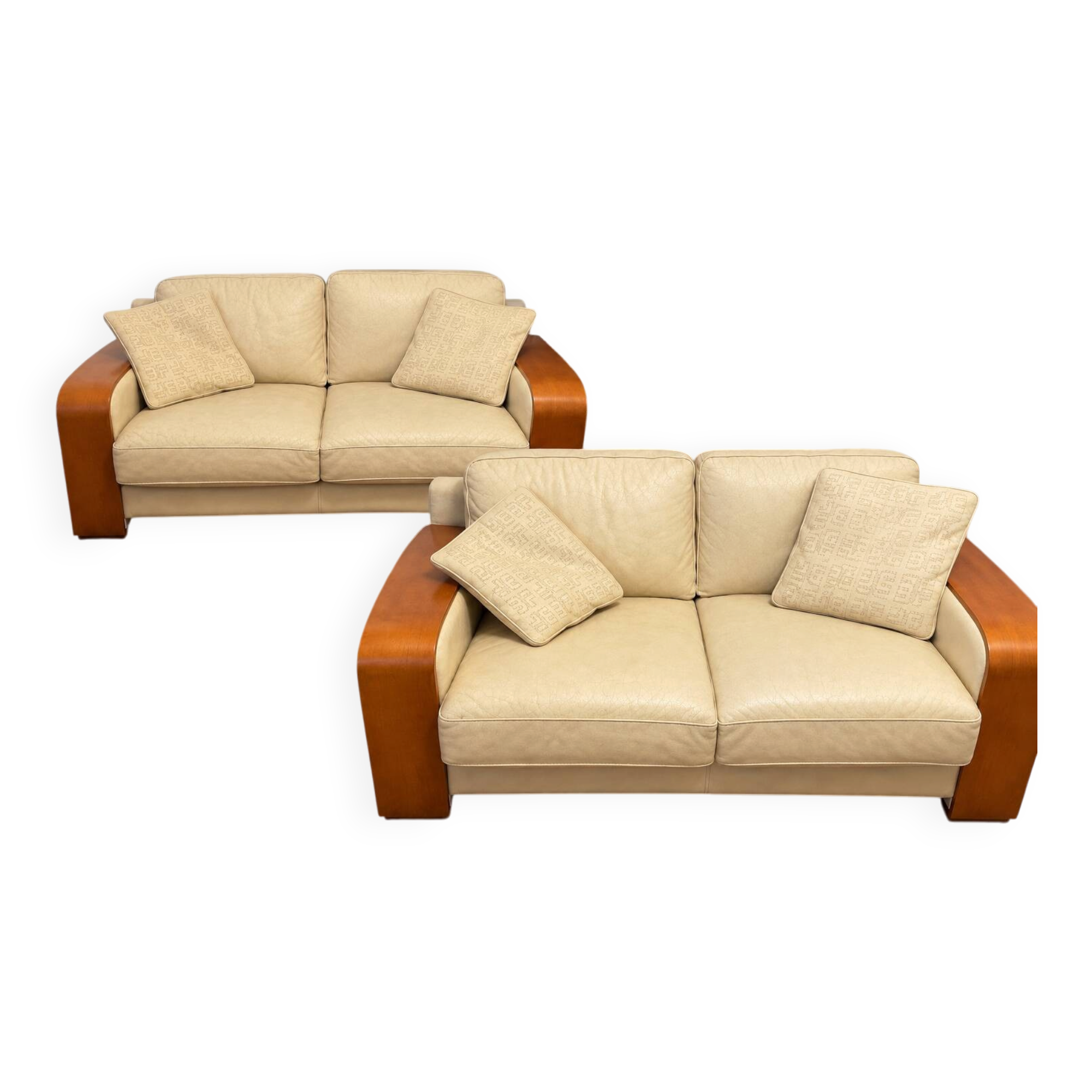 2 sofas 2 seats B&B Italia, cream leather and wood