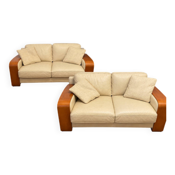 2 sofas 2 seats B&B Italia, cream leather and wood