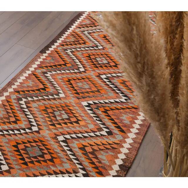 1970s Vintage Turkish Hand-Knotted Wool Cotton Orange Runner Rug 96x346