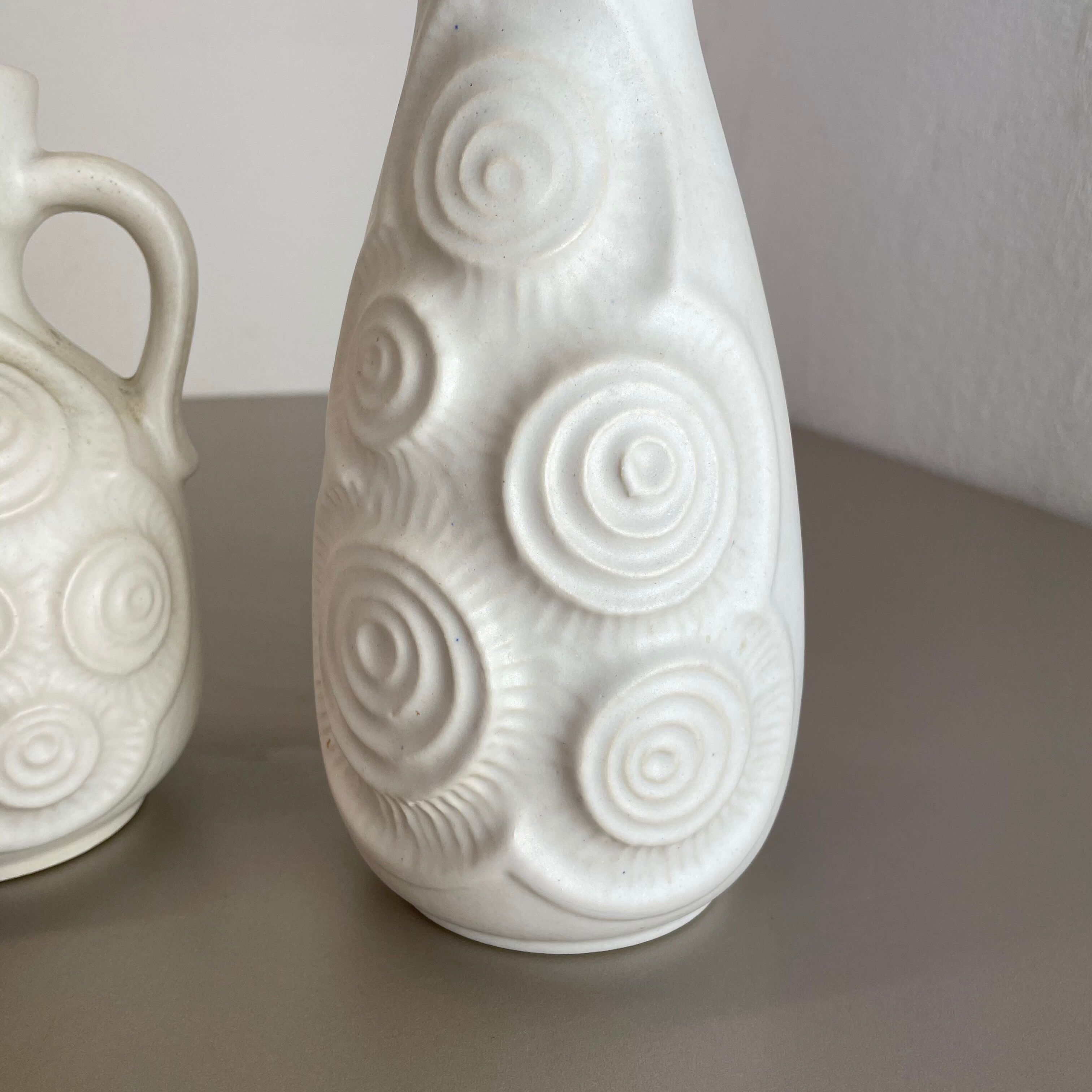 Set of 4 Red-White Fat Lava Op Art Pottery Vases by Bay Ceramics, Germany