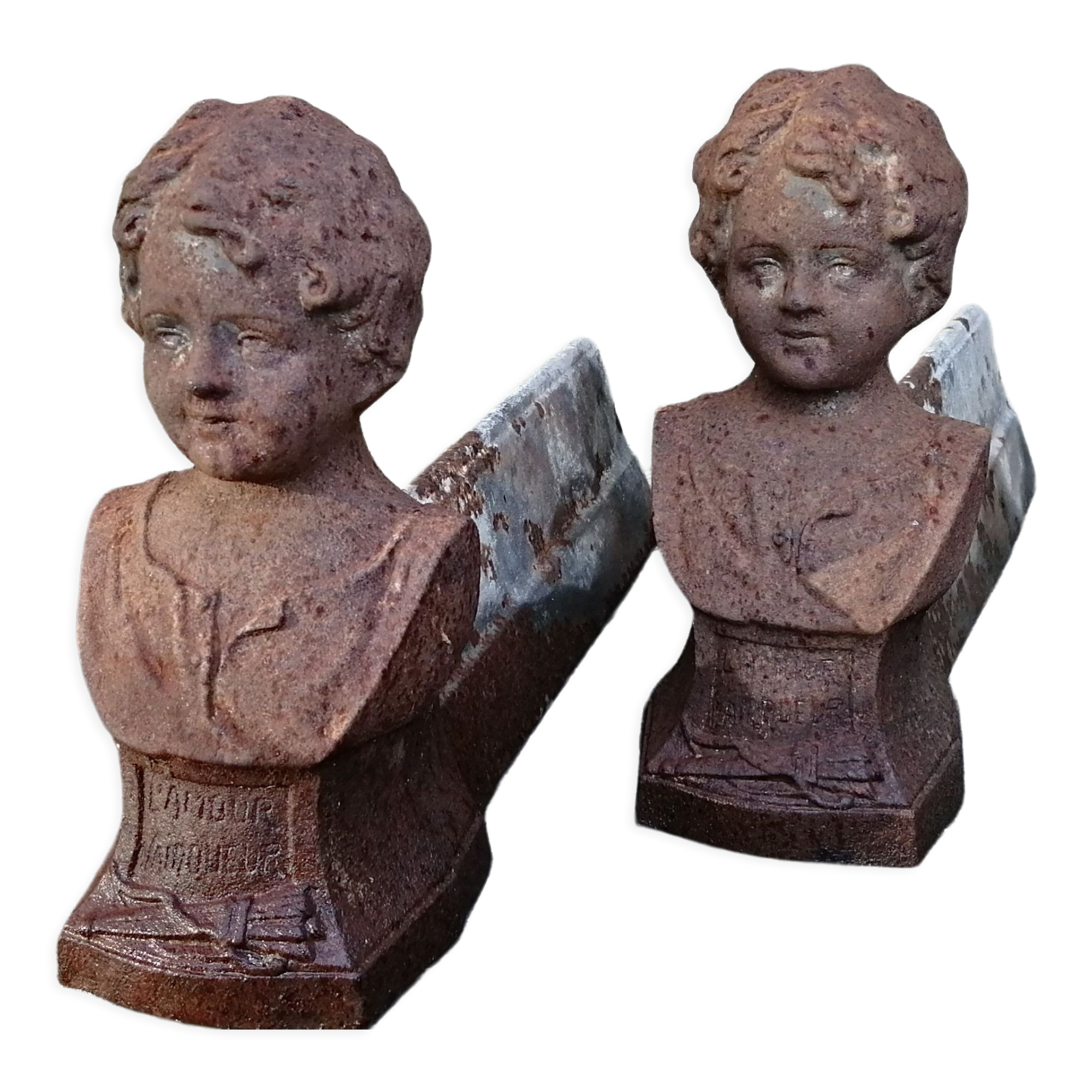 Pair of cast iron fireplace chenets "Children"